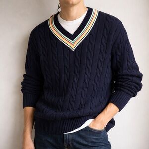 Hudson’s Bay Company Cable Knit V-Neck Sweater – Heritage Stripe, Oversized XL